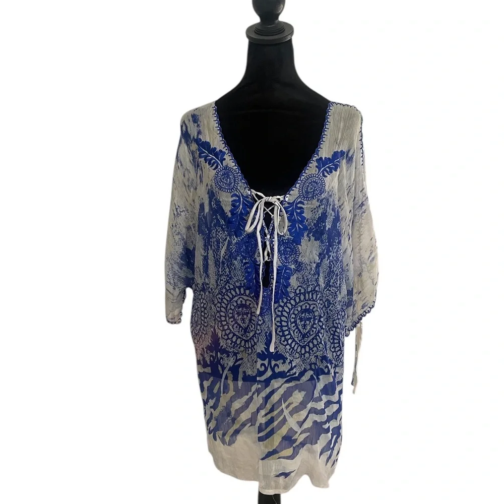 Arden B Blue and White, cream Swim Coverup, tunic, top,V-Neck, Small - Picture 1 of 7